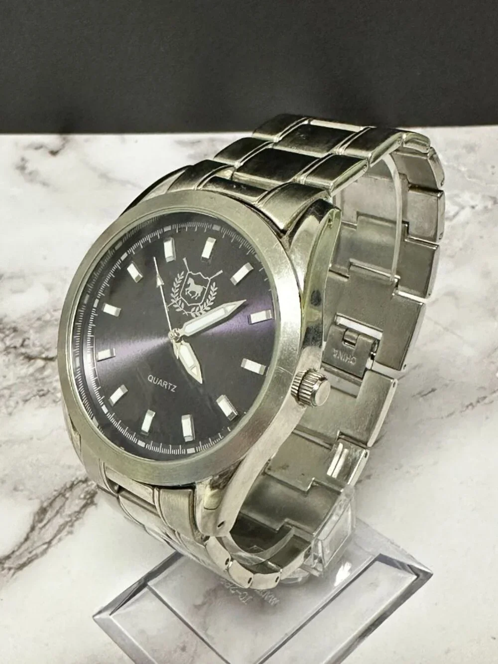 3/$30 Accutime Watch Men Silver Tone Purple Round 42MM Dial New Battery 8.5 Inch